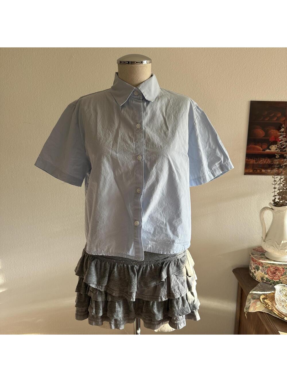 Blue cropped button up top